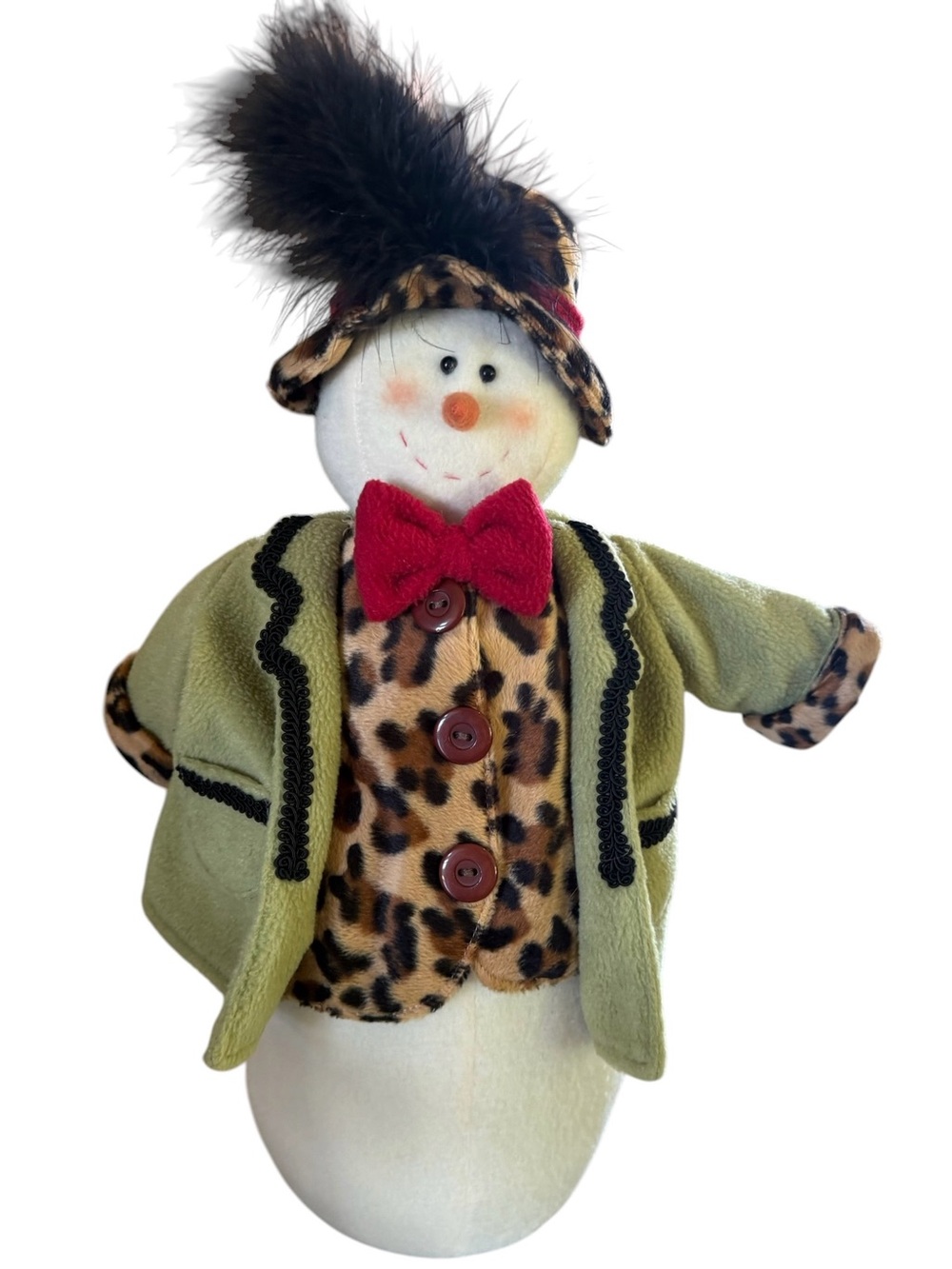 Whimsical Christmas Snowman Leopard Print Feather Hat Holiday Decor 16”
